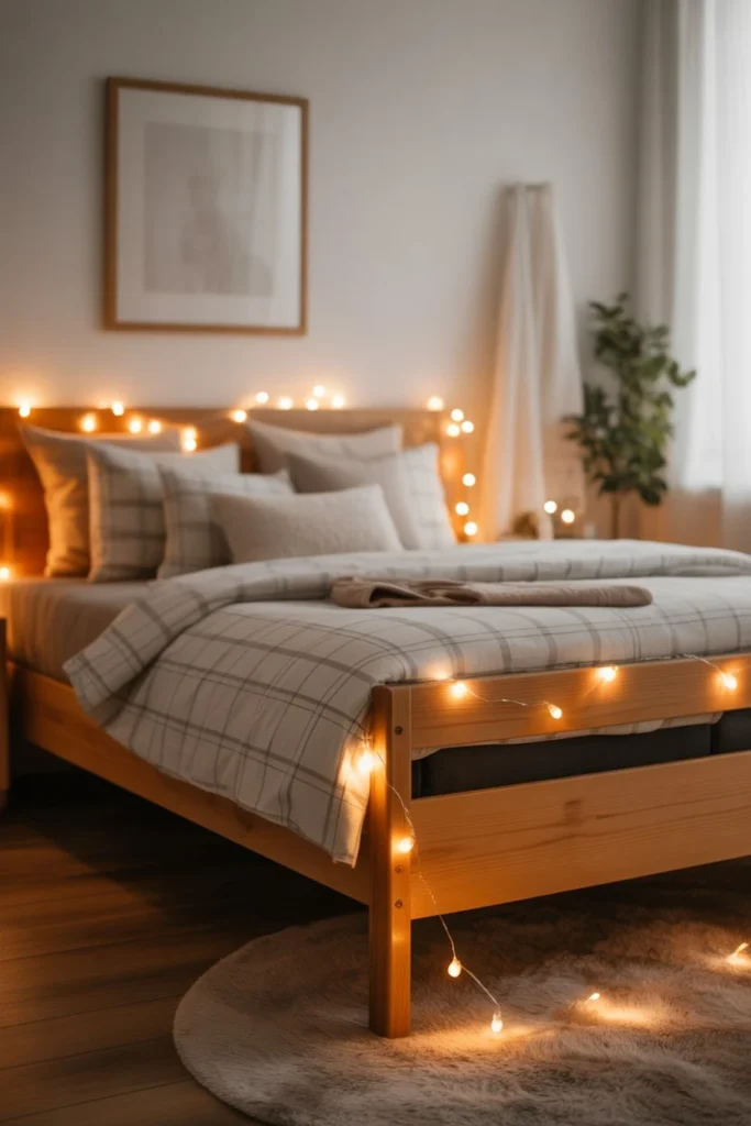Bed Frame Wrapped in Lights