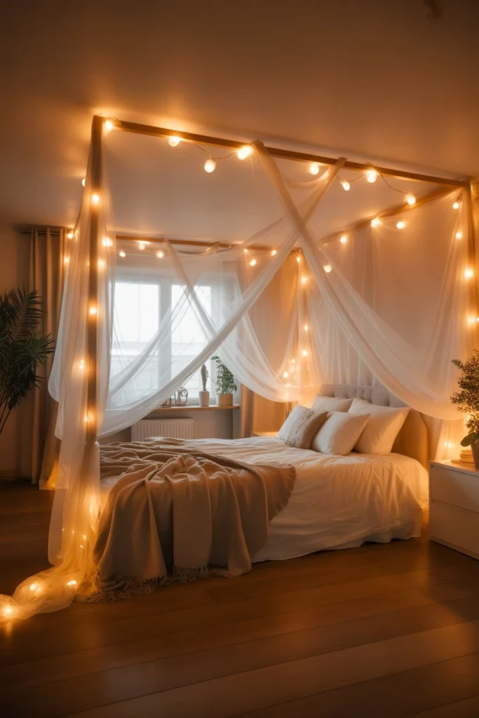 Fairy Light Canopy Above the Bed