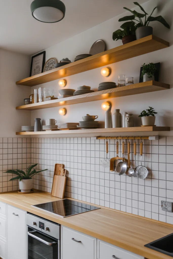 Floating Oak Shelves Over Tiled Walls