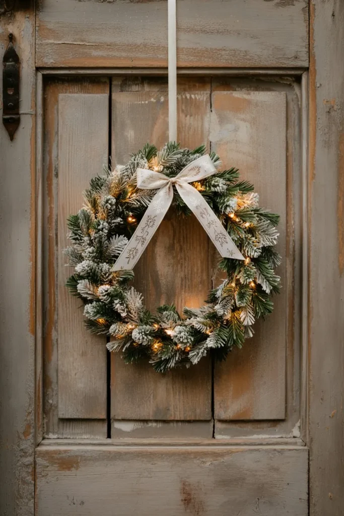 Frosted Pine and Ribbon Wreath