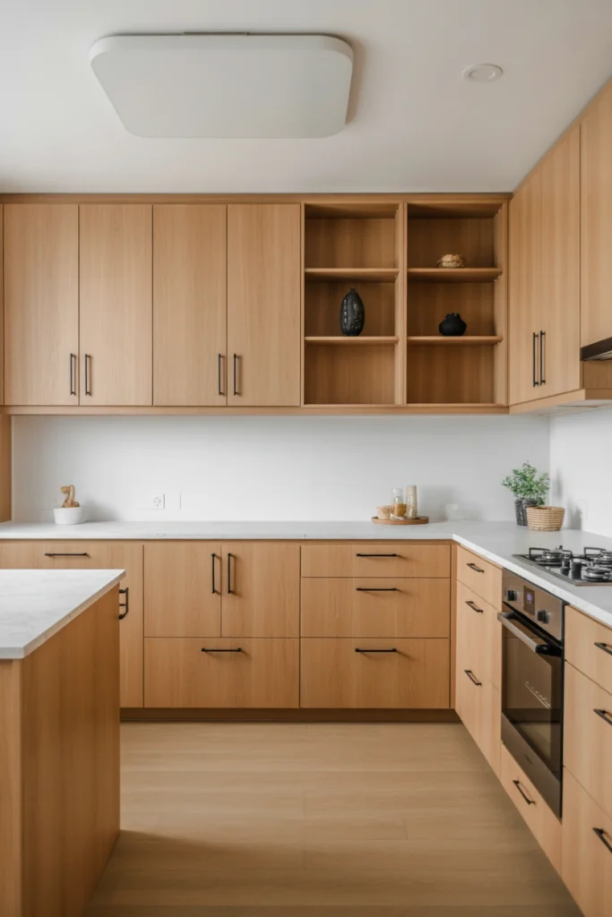 Natural Oak Cabinets with White Countertops