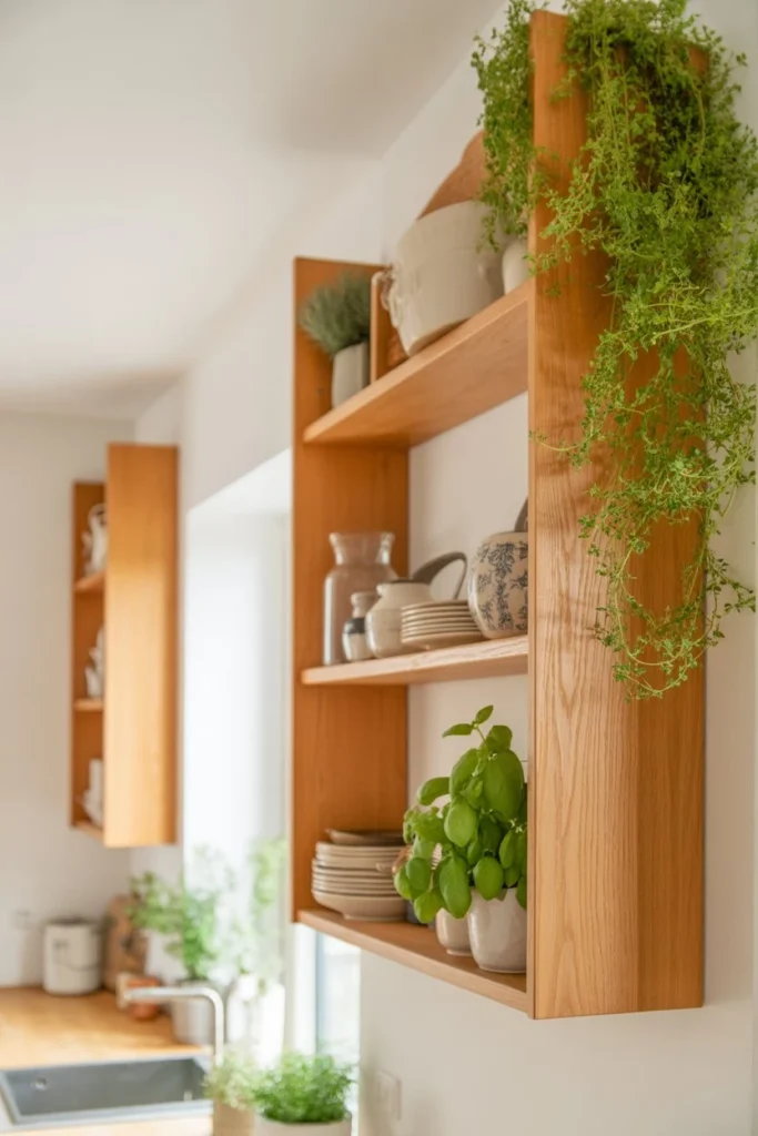 Open Shelving with Oak Finishes