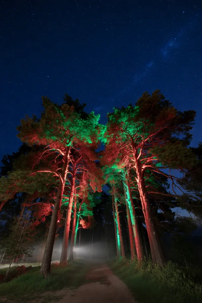 Red Tree Trunks and Green Branches
