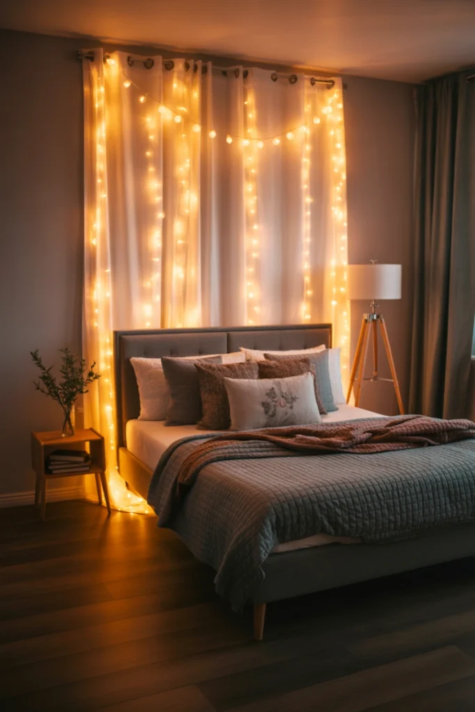 Twinkle Light Curtain Behind Bed