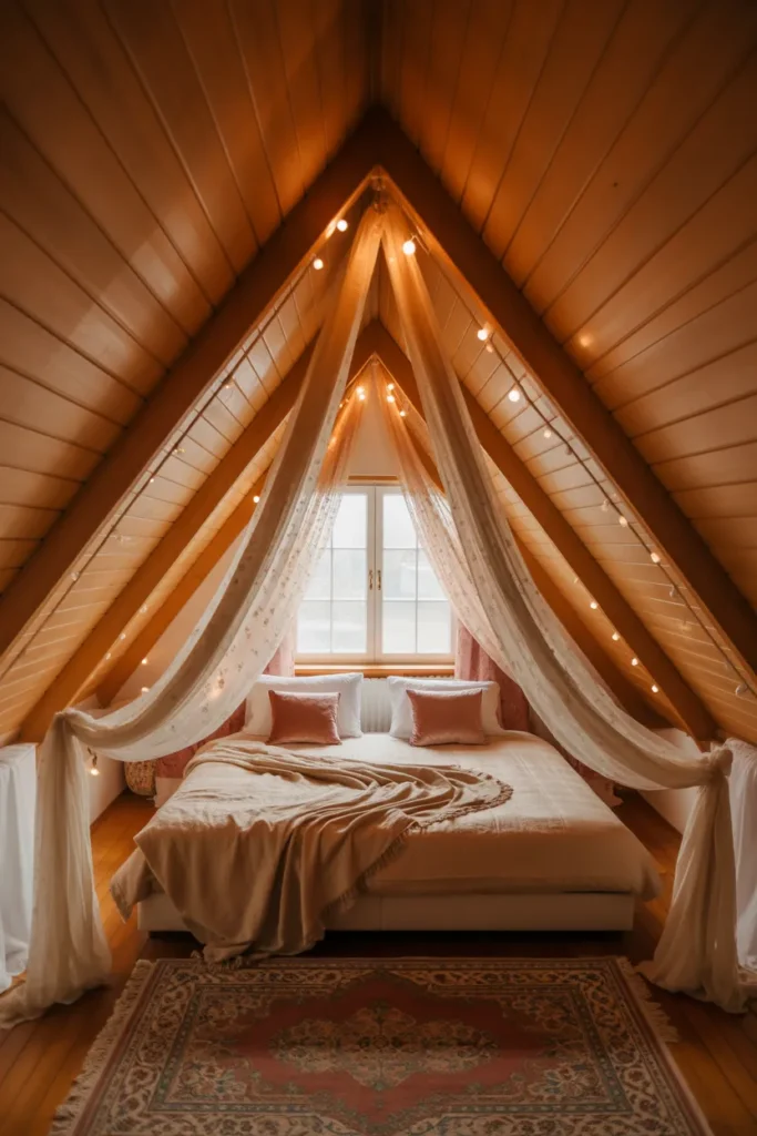 Romantic Attic Bedroom with Soft Lighting