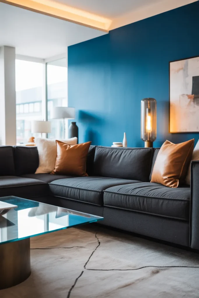 Blue Accent Wall with Gray Furniture