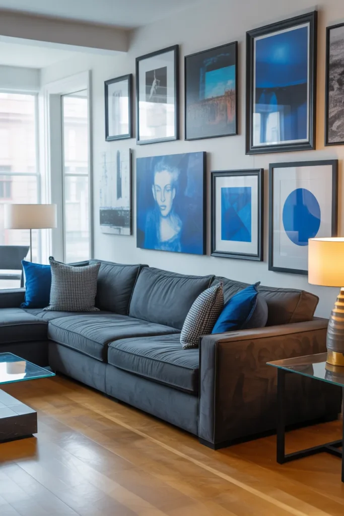 Blue Wall Art Gallery with Gray Furniture