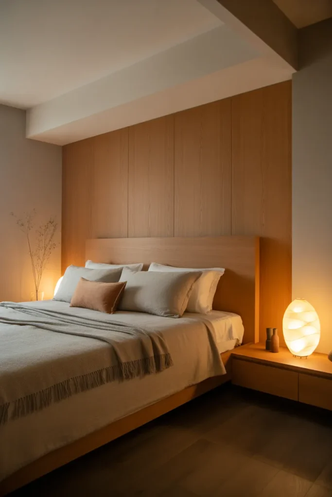 Warm Modern Bedroom with Wood Accents