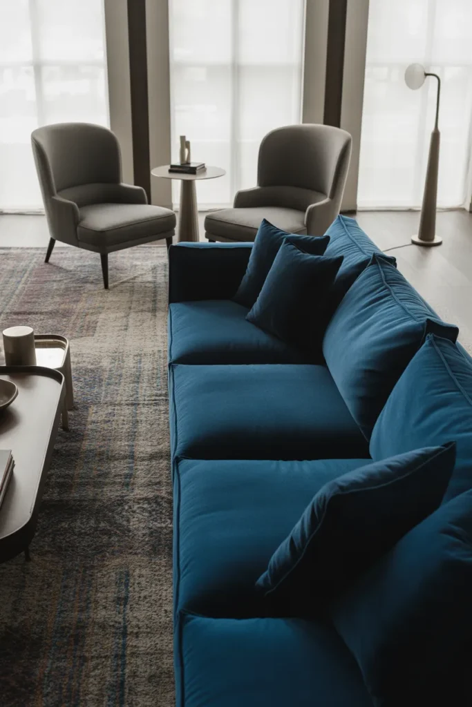 Blue Sofa with Gray Accent Chairs