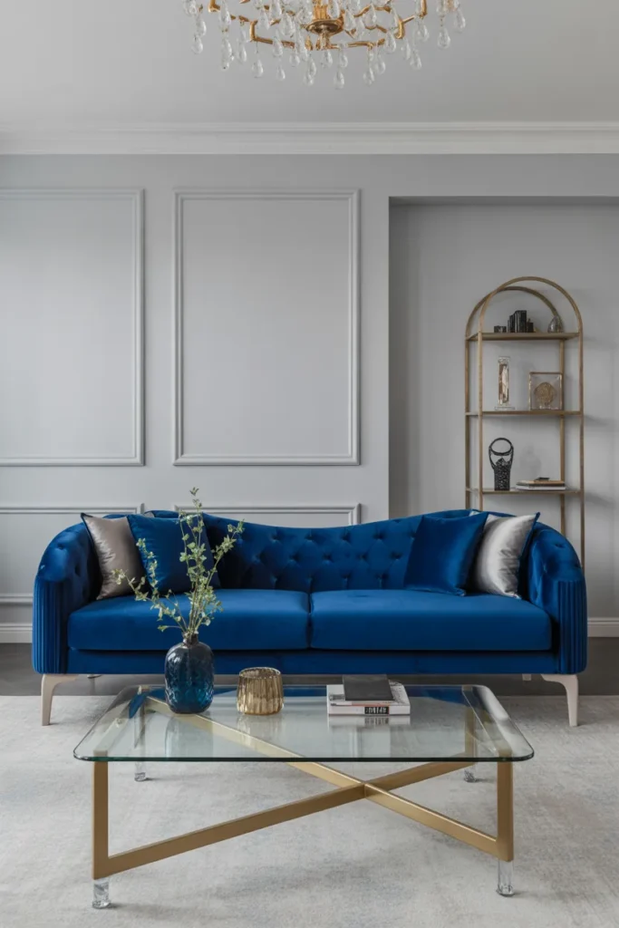 Blue Velvet Sofa with Light Gray Walls