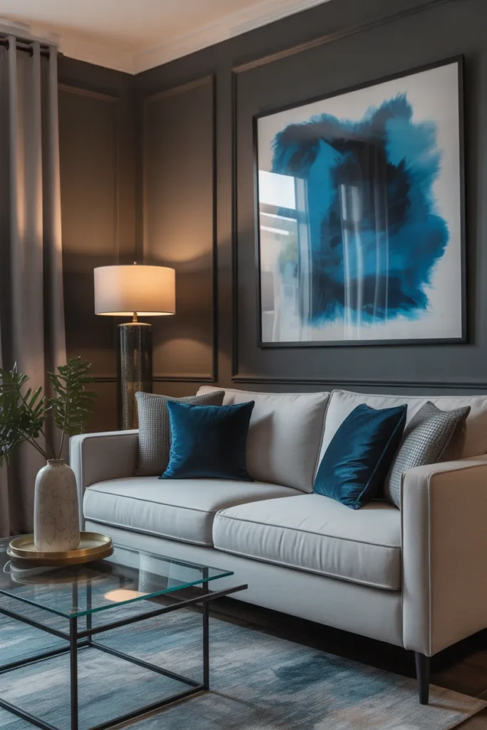 Dark Gray Walls with Blue Artwork