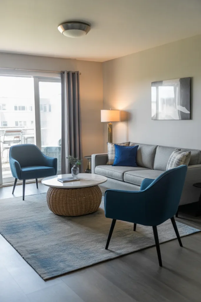  Blue Accent Chairs with Gray Sofa