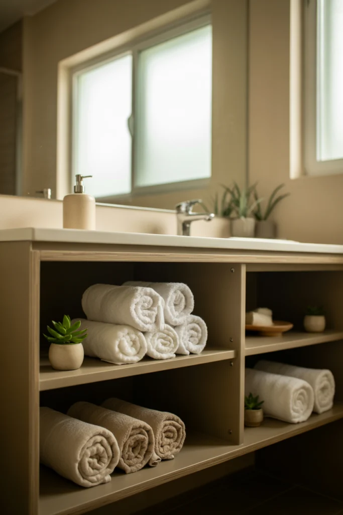 Open-Shelf Vanity Cabinets for Accessible Storage