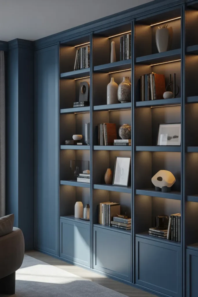 Blue Built-In Shelving with Gray Walls