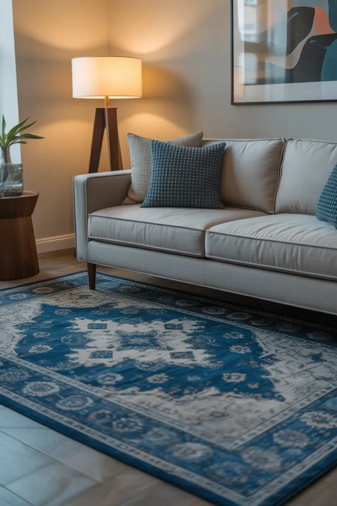 Gray Sofa with Blue Patterned Rug