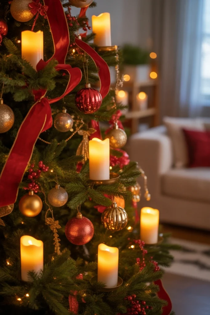 Red and Gold Tree with Candles (LED Safe)