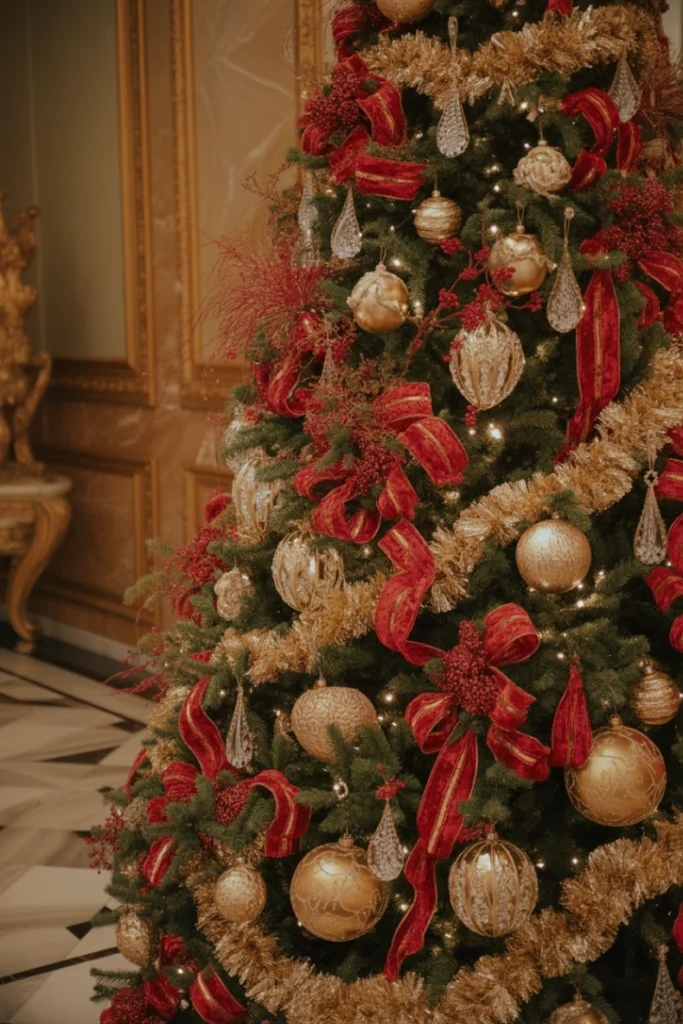 Red and Gold Tree with Crystal Ornaments