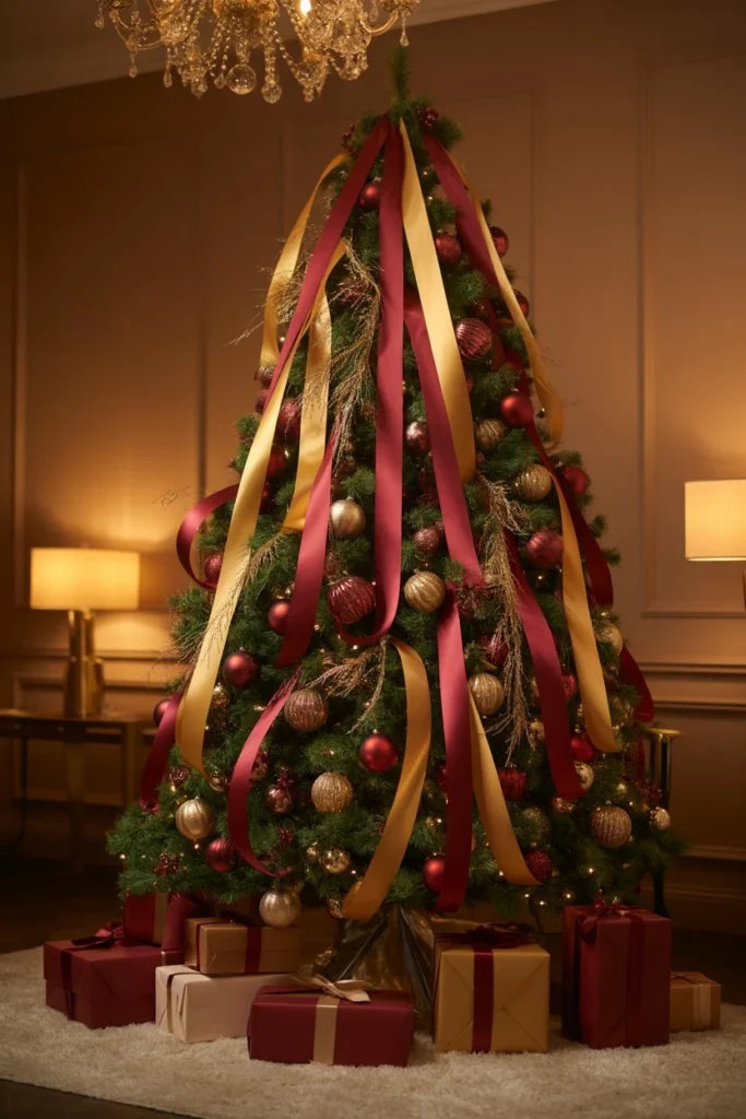 Red and Gold Tree with Ribbon Cascade