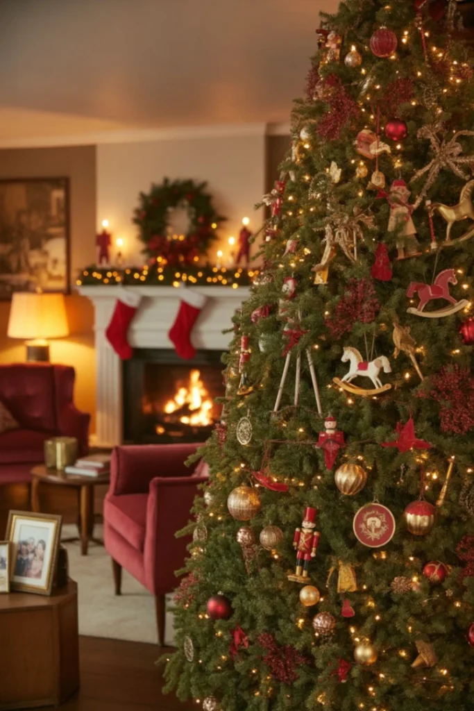 Red and Gold Tree with Vintage Toys
