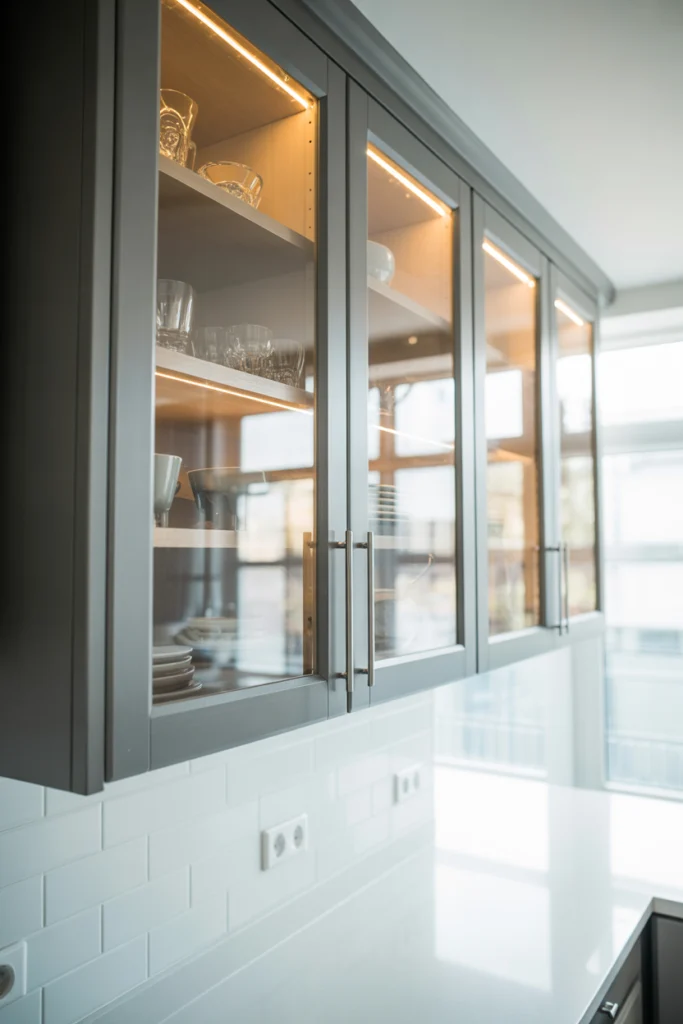 Gray Kitchen with Glass Front Cabinets