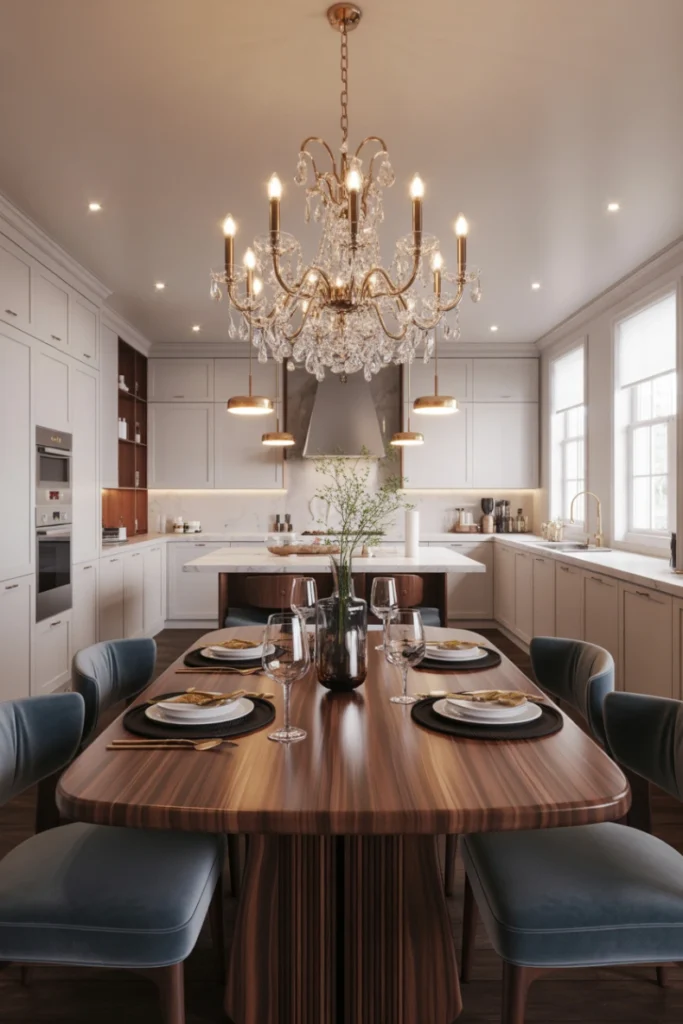 Kitchen-Dining Combo with Statement Lighting