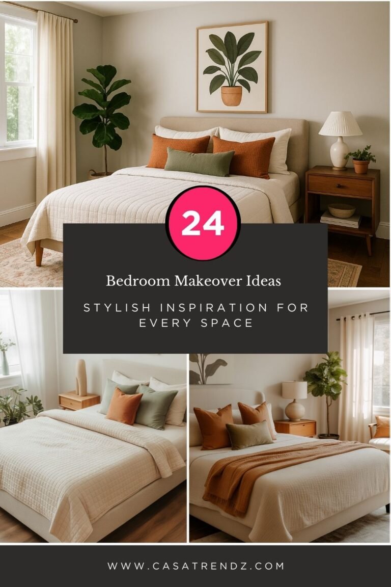 An organic modern bedroom design with soft beige tones, eco-textured bedding, earthy rust and olive accent pillows, botanical wall décor, lush indoor plant, natural wood furniture, soft sunlight through large windows, neutral rug with subtle pattern, calm and inviting atmosphere, styled like a professional interior design photoshoot.