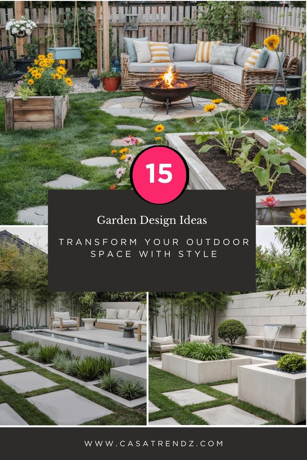 A vibrant backyard garden with a lush green lawn, cozy fire pit seating area with colorful outdoor cushions, raised vegetable and herb planters, a whimsical flower border (sunflowers, zinnias, cosmos), a small pergola with hanging swings, stone stepping stones, garden lights twinkling at dusk — cheerful, welcoming, functional garden design.
