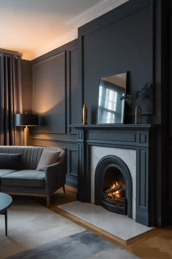Deep Navy Fireplace with Charcoal Walls