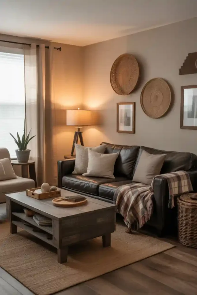 Rustic Apartment Charm with Brown Couch