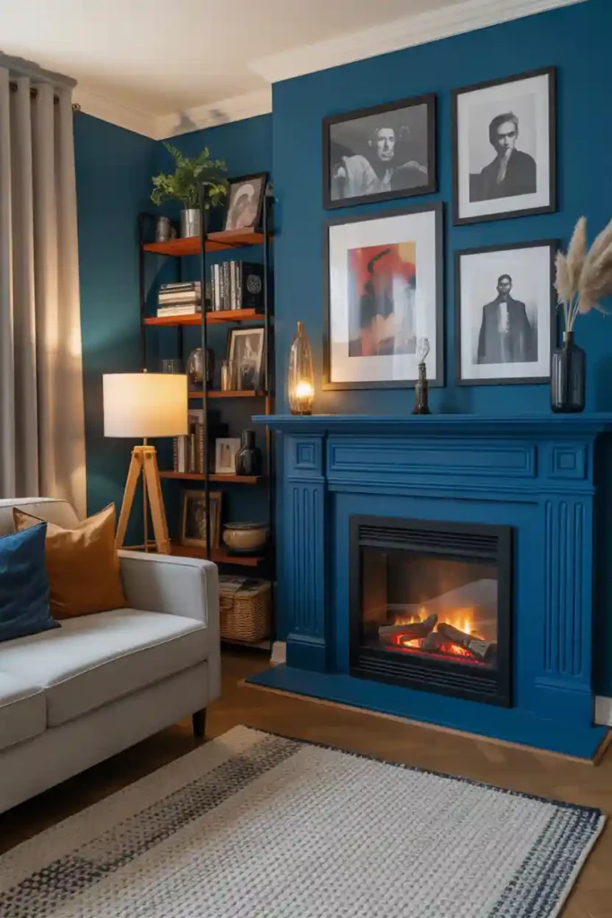  Blue Fireplace with Moody Gallery Wall