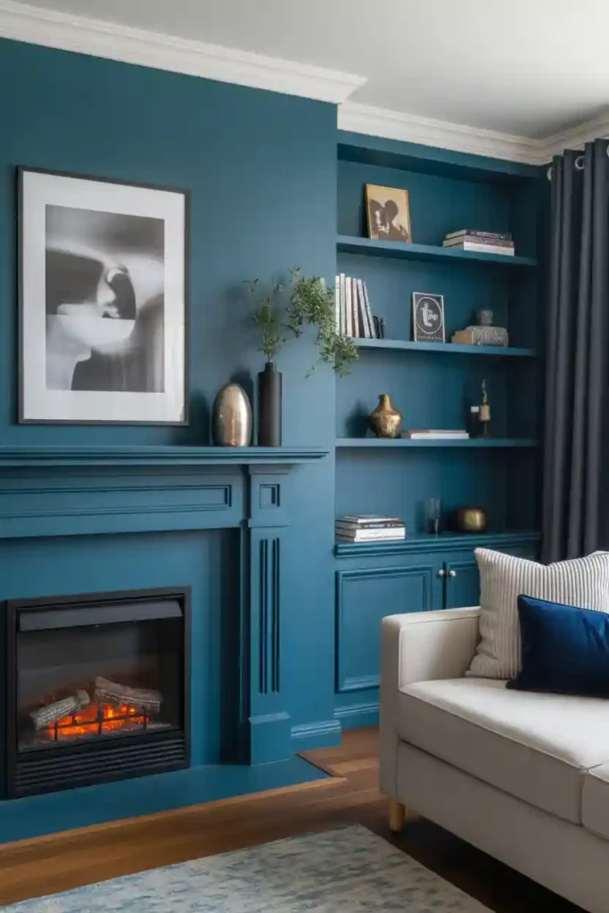 Two-Tone Blue Fireplace with Built-In Shelves