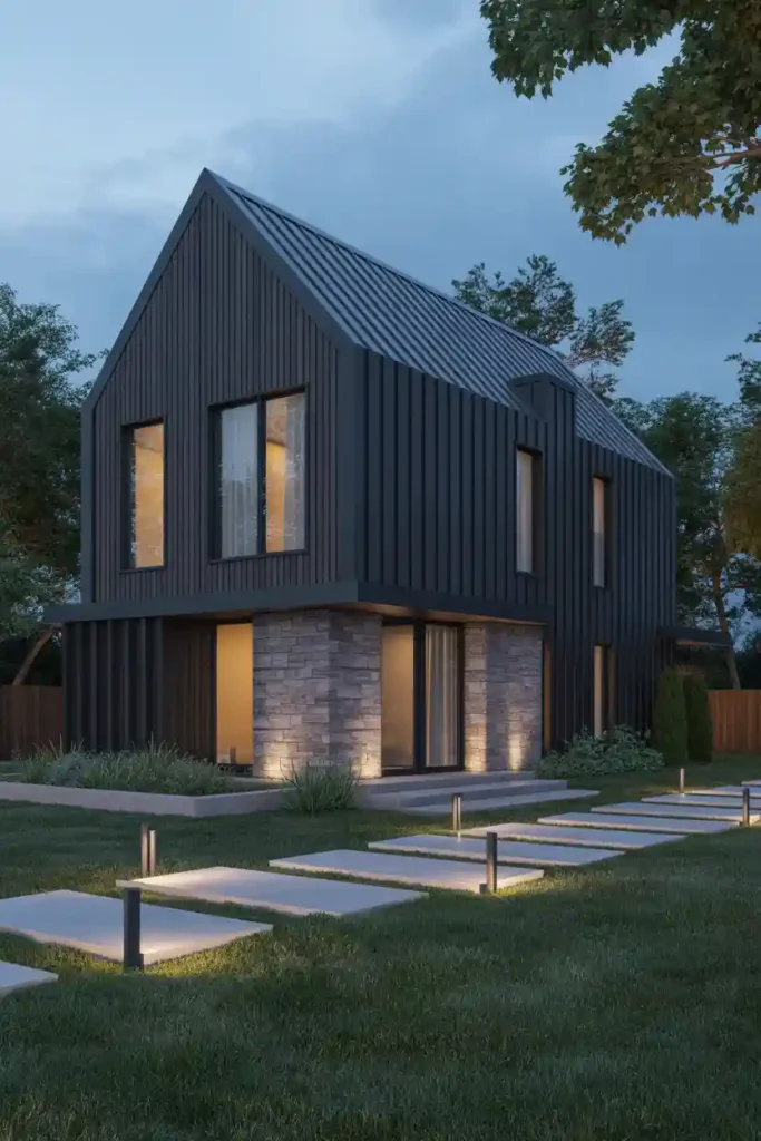 Black Exterior with Warm Landscape Lighting