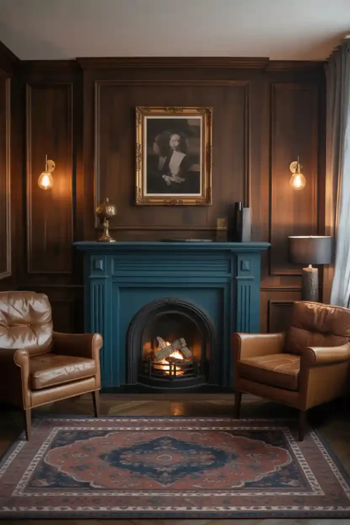 Sapphire Blue Fireplace with Dark Wood Paneling