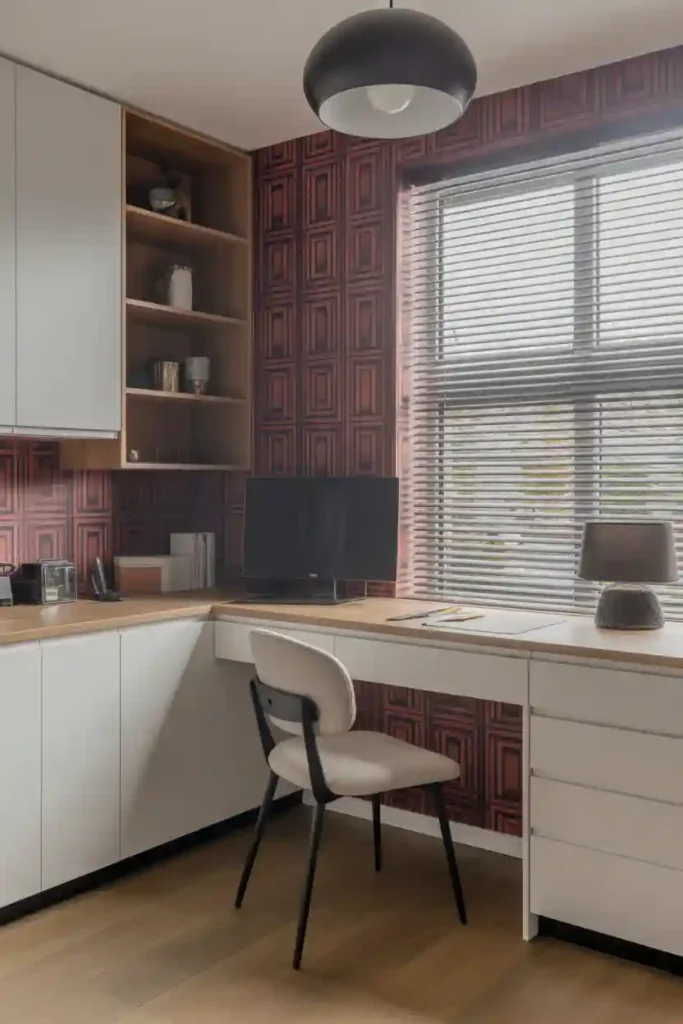 Kitchen Desk Nook with Accent Wallpaper