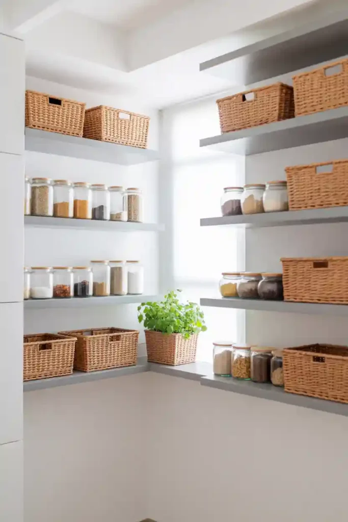 Open Corner Pantry with Floating Shelves