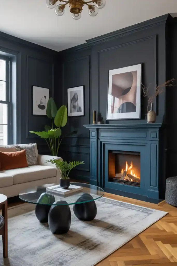 Teal Fireplace with Black Accent Walls