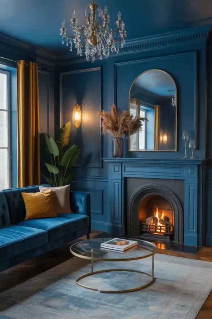 Midnight Blue Fireplace with Velvet Furnishings