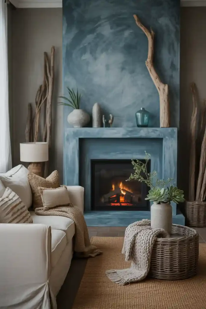 Coastal Moody Blue Fireplace with Textured Stone