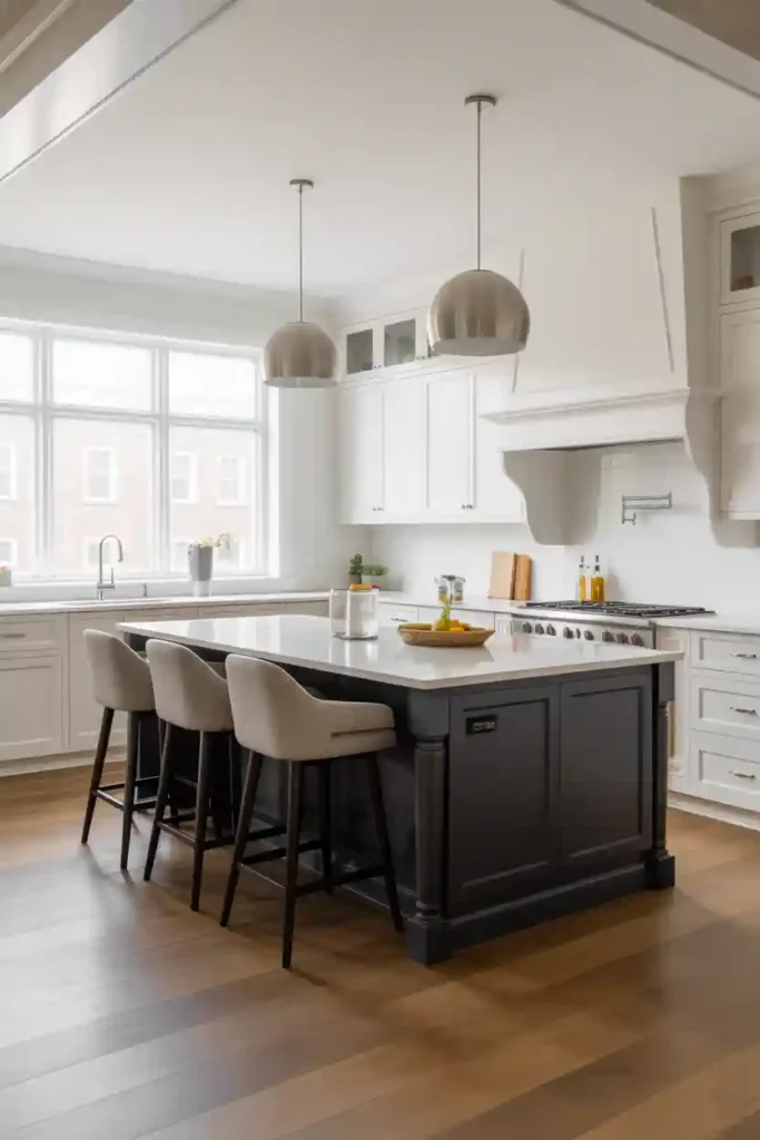 White Cabinets with Bold Island Contrast