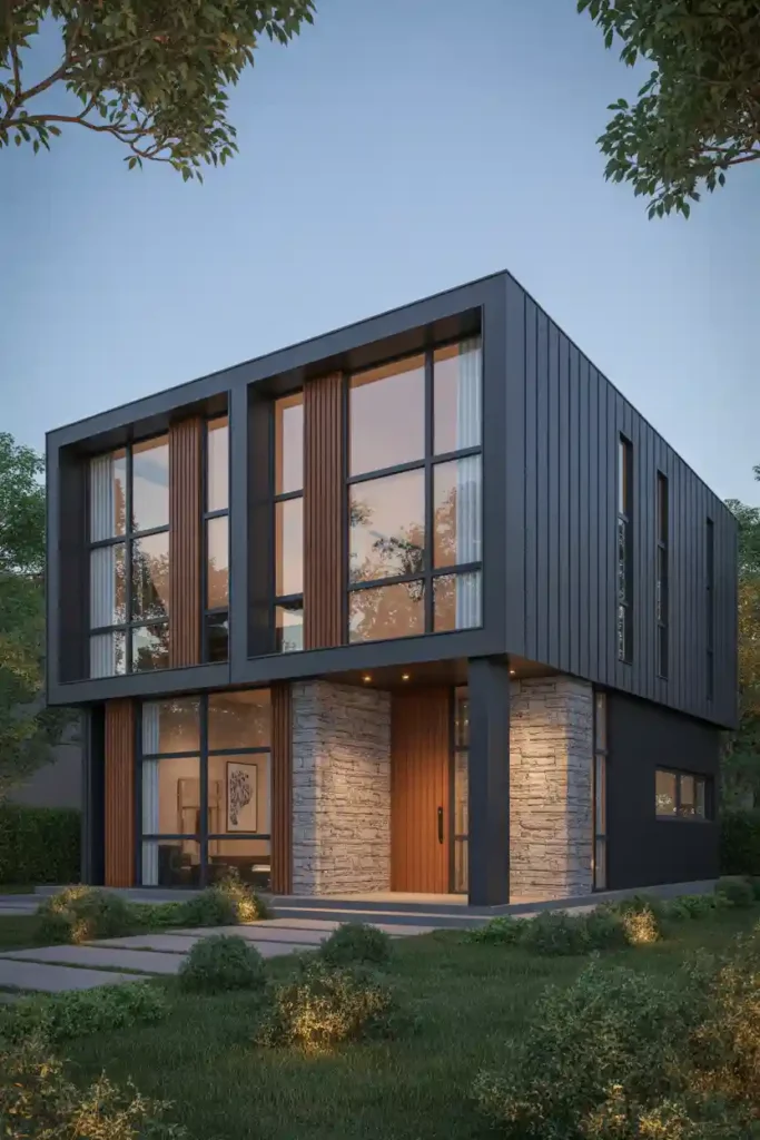  Black Exterior with Natural Stone Details