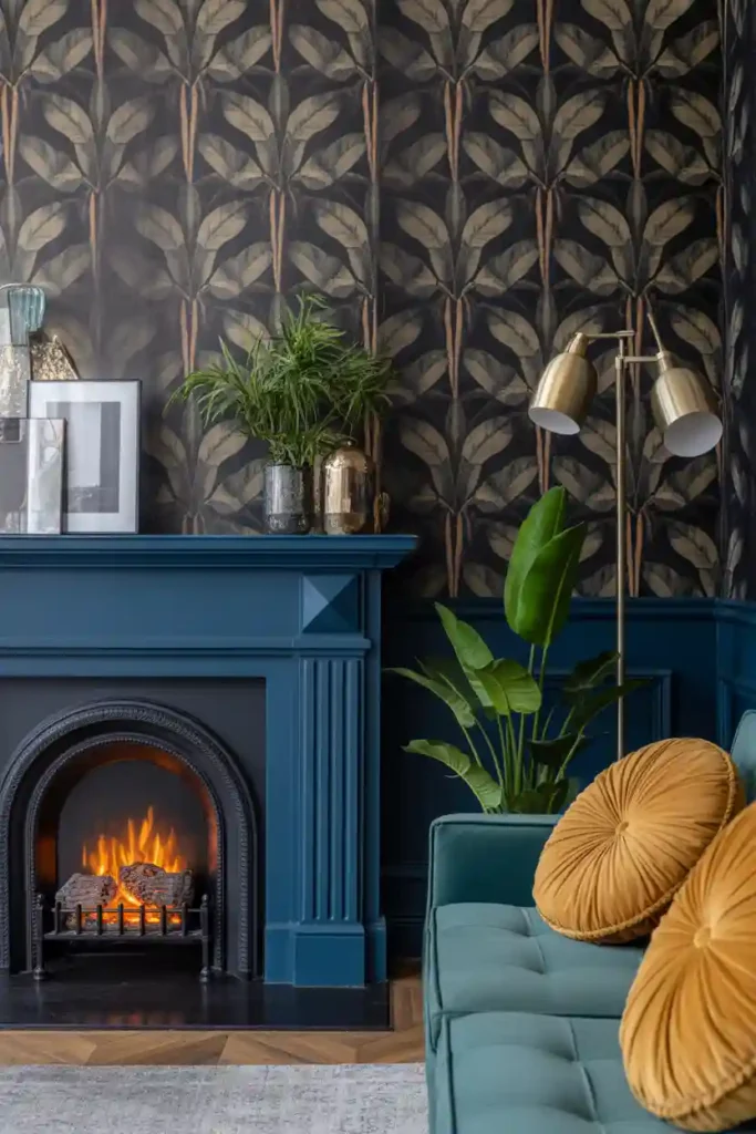 Blue Fireplace with Moody Botanical Wallpaper