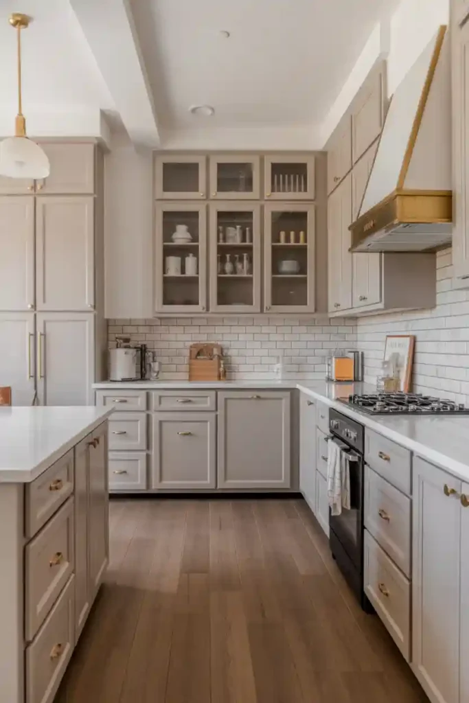Soft Gray Cabinetry with Brass Hardware