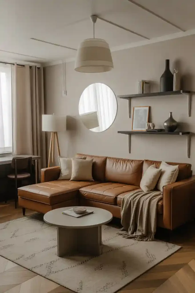  Small Studio Layout with Sectional Brown Sofa