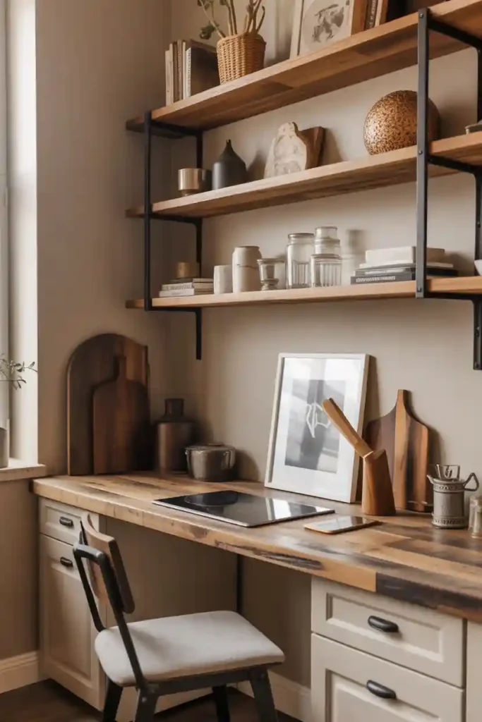 Rustic-Modern Kitchen Desk with Open Shelving