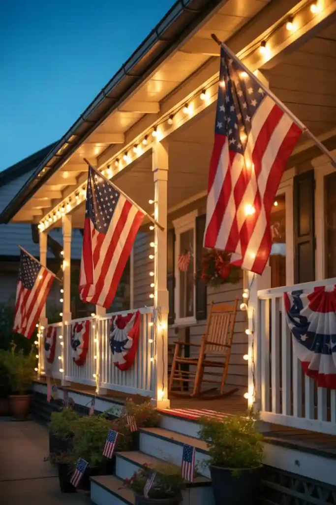 String Lights and Flag Porch Decor
