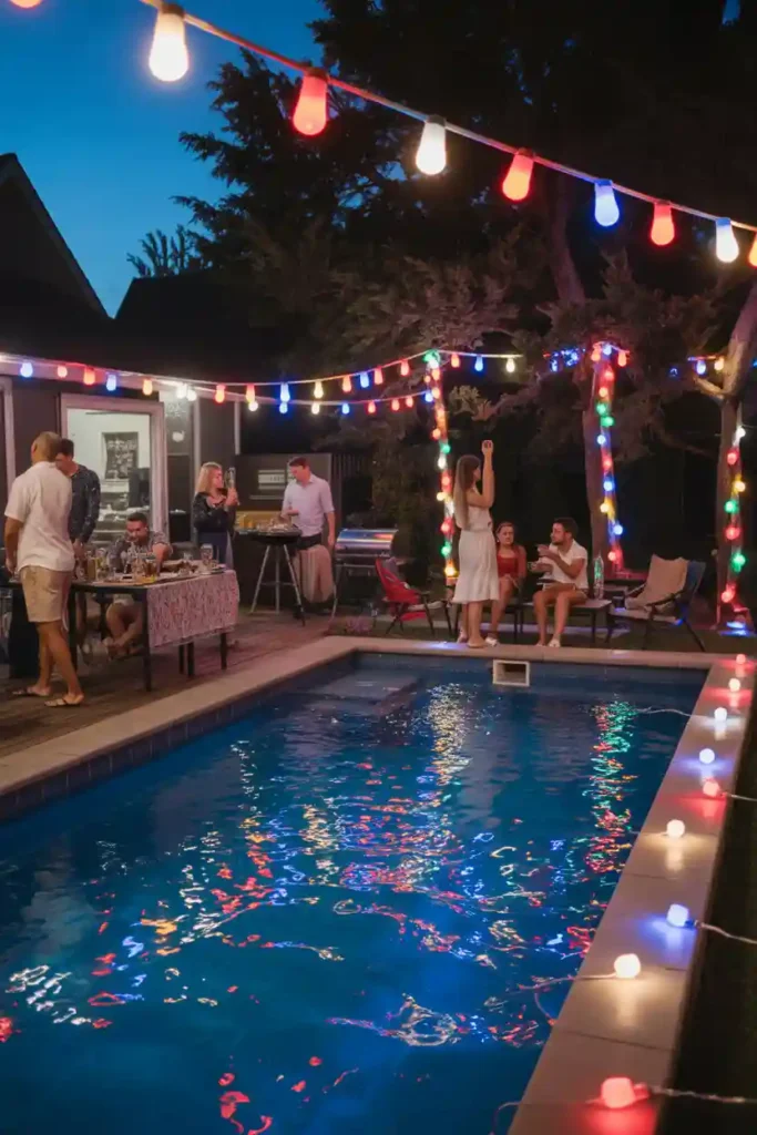 Patriotic String Light Pool Area