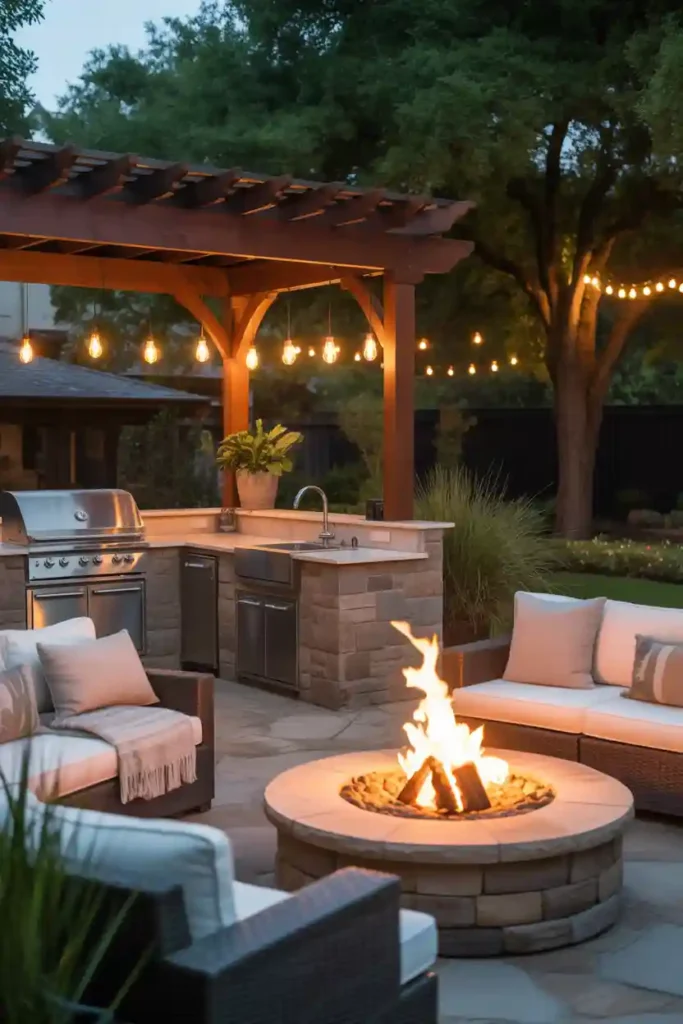 Outdoor Kitchen with Fire Pit Lounge