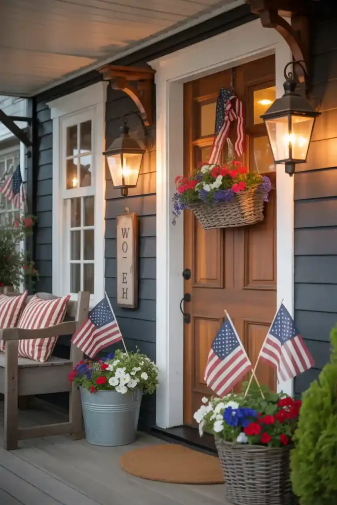 Farmhouse Lantern and Flag Entryway