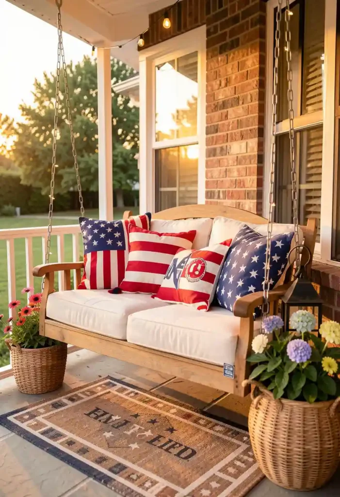 Flag Draped Porch Swing