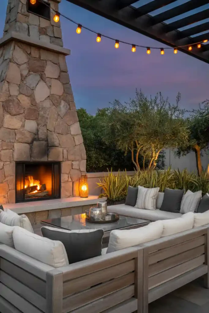 Luxury Outdoor Living Room with Stone Fireplace